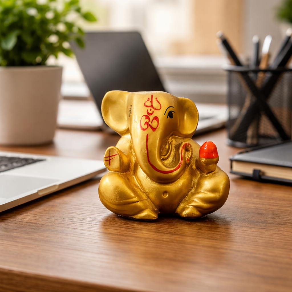 Resin Lord Ganesha Idol Car Dashboard 5x5cm (Golden)