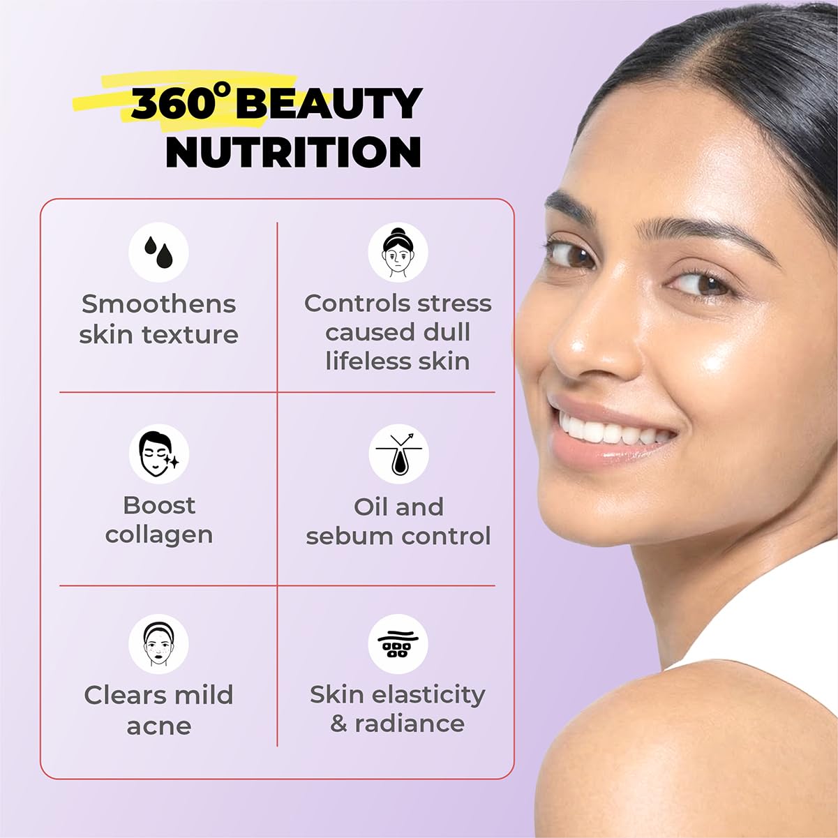 Woman with smooth skin on a purple background with '360° Beauty Nutrition' text and benefits listed.