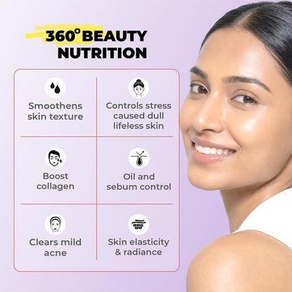 Woman with smooth skin on a purple background with '360° Beauty Nutrition' text and benefits listed.