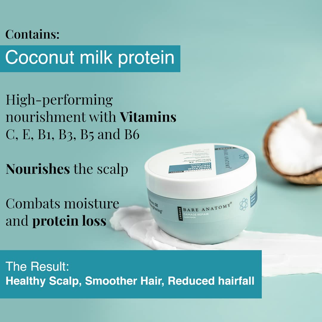 Jar of hair care product with coconut and text about its benefits on a light blue background