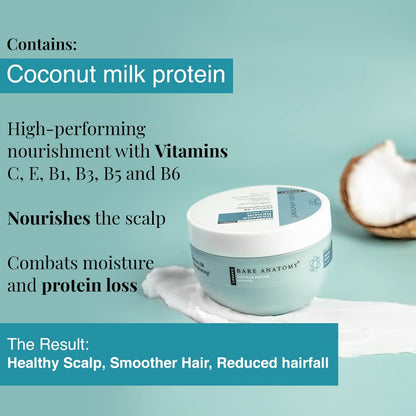 Jar of hair care product with coconut and text about its benefits on a light blue background