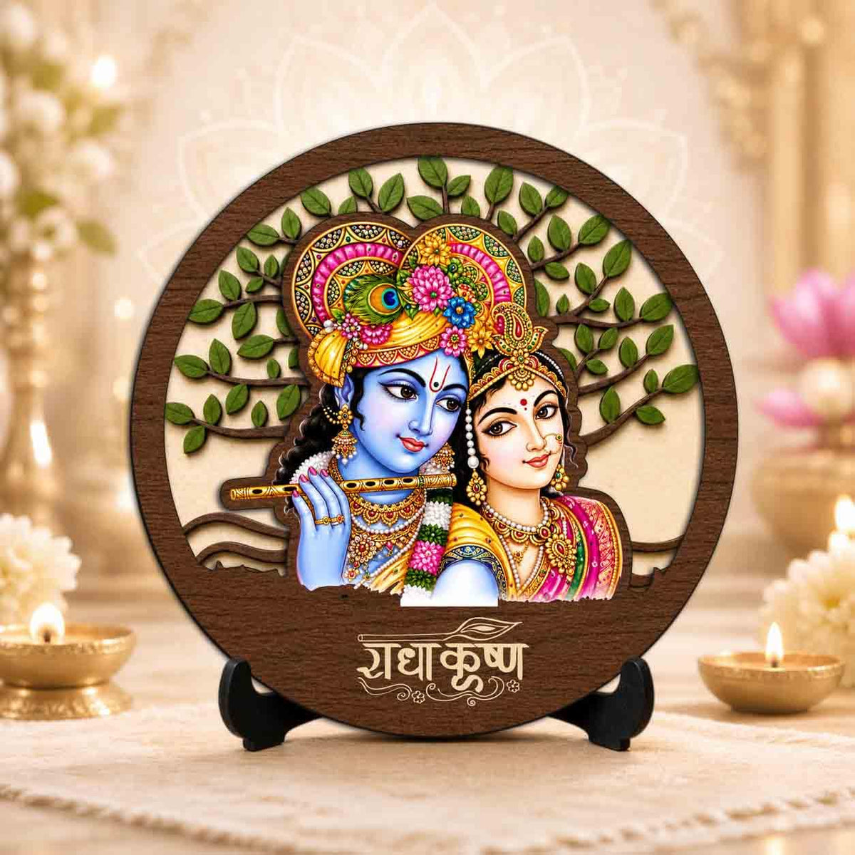 Plan To Gift Radha Krishna Table Top Wooden Idol/Murti for Mandir Decoration, Office Desk & Festive Gift | Prayer Corner - 5x5 Inch
