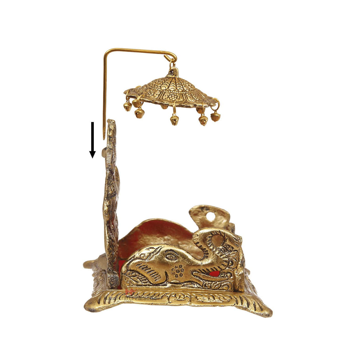 Metal Singhasan Traditional Deity Throne with Elephant Carving Antique Gold Finish & Red Velvet Cushion for Mandir& janmashtami - 6.5 Inch