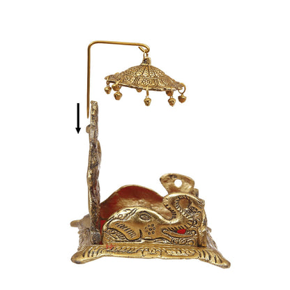 Metal Singhasan Traditional Deity Throne with Elephant Carving Antique Gold Finish & Red Velvet Cushion for Mandir& janmashtami - 6.5 Inch