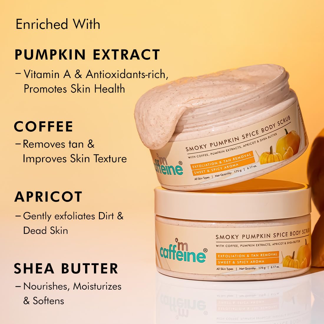Two jars of 'm caffeine Smoky Pumpkin Spice Body Scrub' with text highlighting ingredients and benefits on a yellow background.