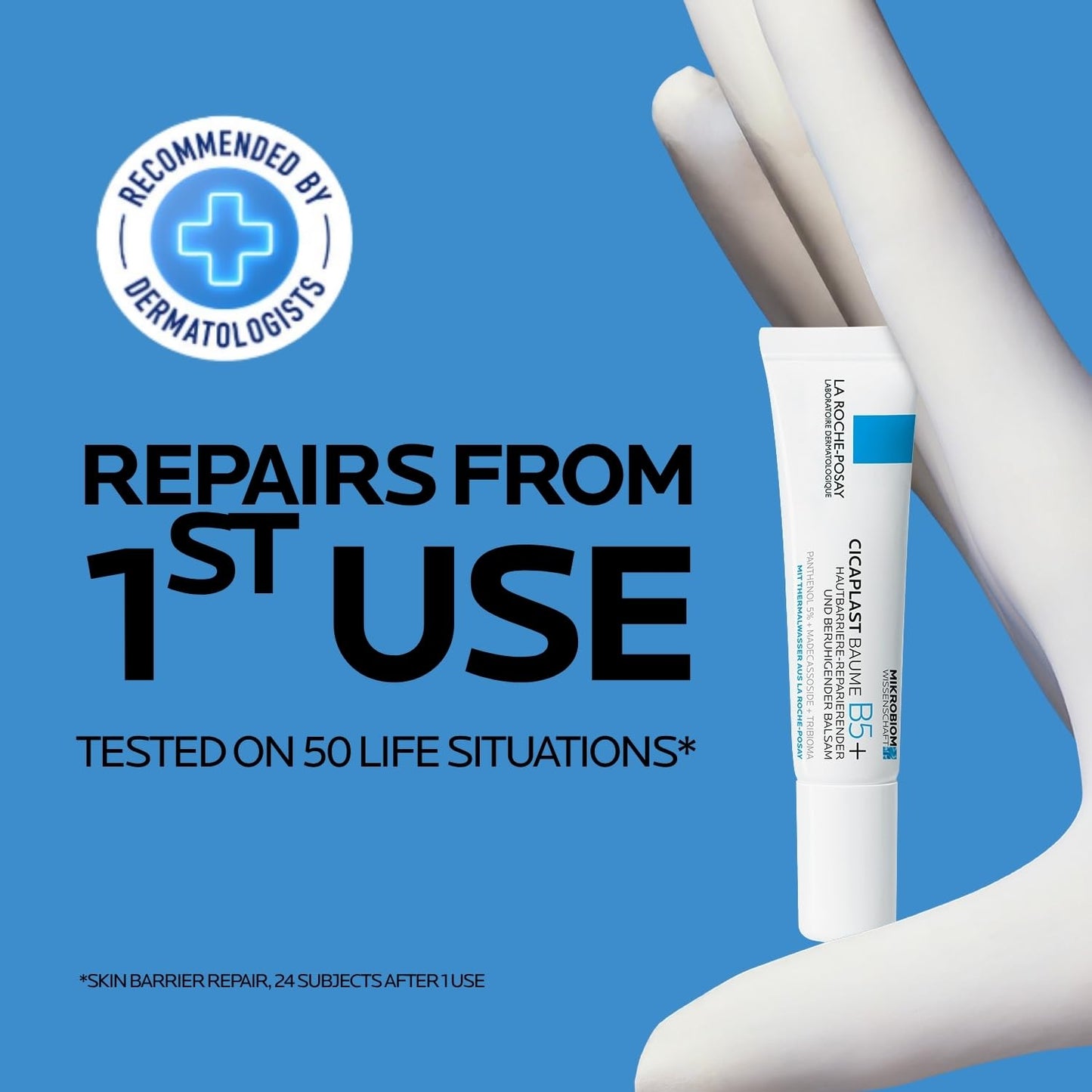 Cicaflash tube with text on a blue background, recommended by dermatologists.
