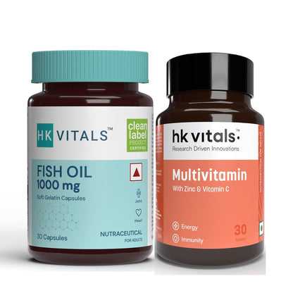 HealthKart hk vitals Fish Oil and Multivitamin (30 Tablets Each) Combo Pack | 1000mg Omega 3 with 180mg EPA & 120mg DHA | Enhances Energy, Immunity & Joints Health