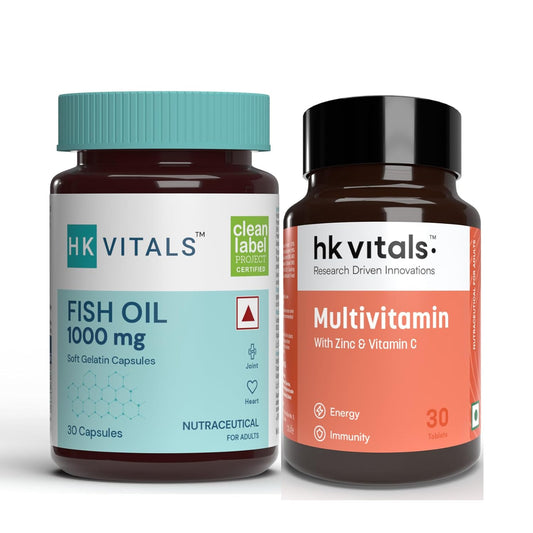 HealthKart hk vitals Fish Oil and Multivitamin (30 Tablets Each) Combo Pack | 1000mg Omega 3 with 180mg EPA & 120mg DHA | Enhances Energy, Immunity & Joints Health