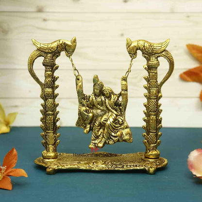 Gold Plated Metal Radha Krishna on Swing Idol (7 x 3.5 x 7 inch)