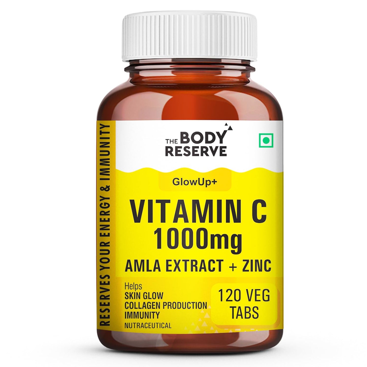 Vitamin C supplement bottle with yellow label on a white background