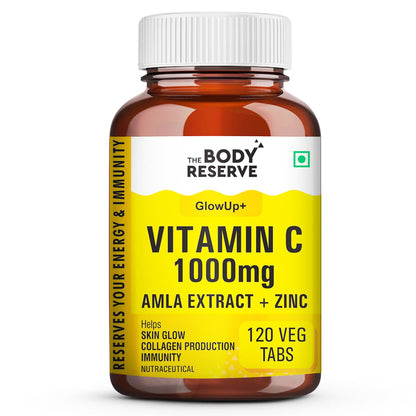 Vitamin C supplement bottle with yellow label on a white background