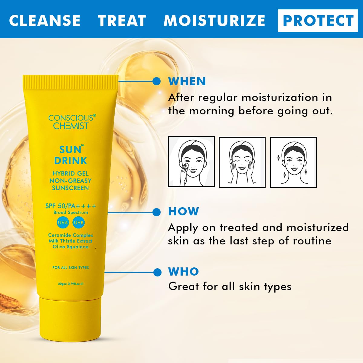 Sunscreen tube with application instructions on a beige background