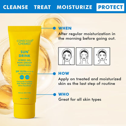 Sunscreen tube with application instructions on a beige background