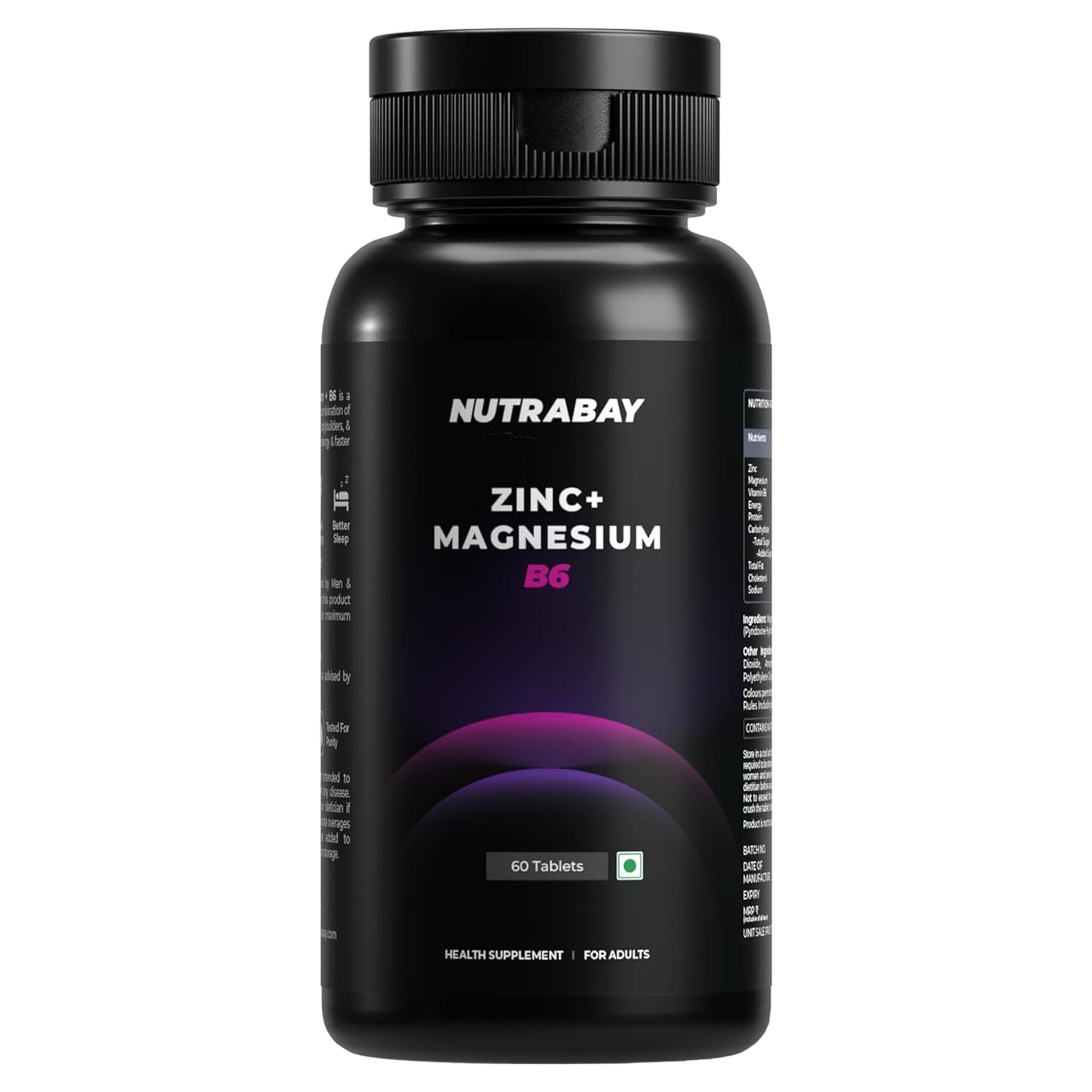 Black supplement bottle labeled 'NUTRABAY Zinc + Magnesium B6' on a white background