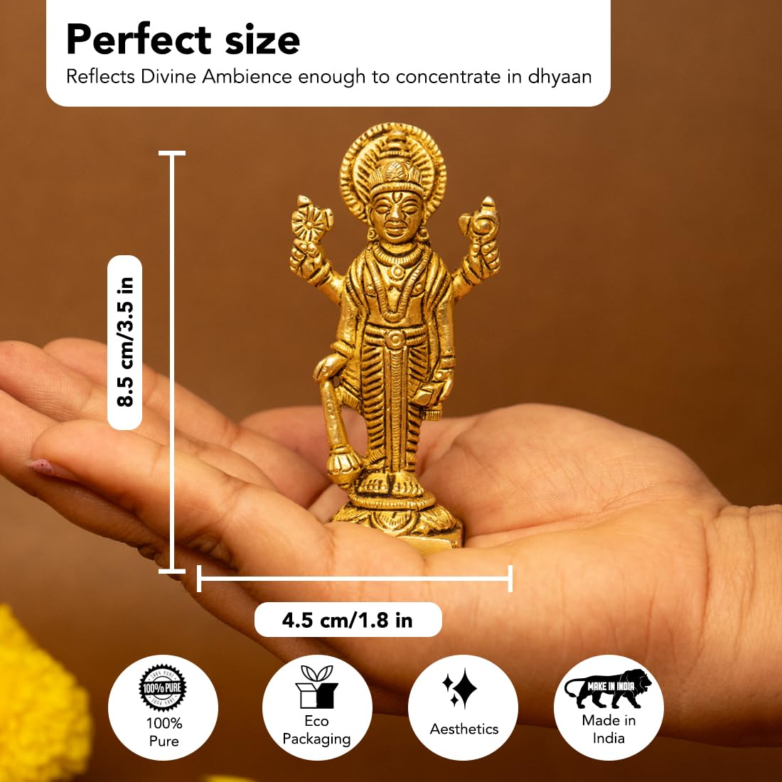 100% Pure Brass Lord Vishnu Idol | Vishnu Bhagwan Murti for Car Dashboard, Pooja Room, Home Decor & Office Desk | Laxmi Narayan Standing Idol | Narayan Statue for Gifting