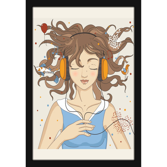 Pretty Girl Listeing Music on Headphones Beautiful Woman Painting Photo Frame for Living Room, Bedroom, Home Decor and Wall Decoration (MM 1036, 30.5L x 20.3W cm, Paper, Without Plexi Glass)
