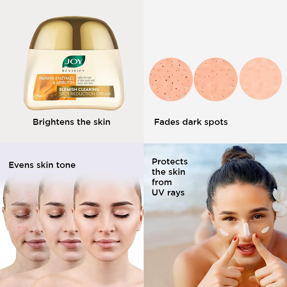 Joy Revivify Arbutin & Papaya Enzymes Blemish Clearing Spot Reduction Cream | Skin Brightening Cream| Soothing | Anti-ageing properties | Pollution defense – 50 ml