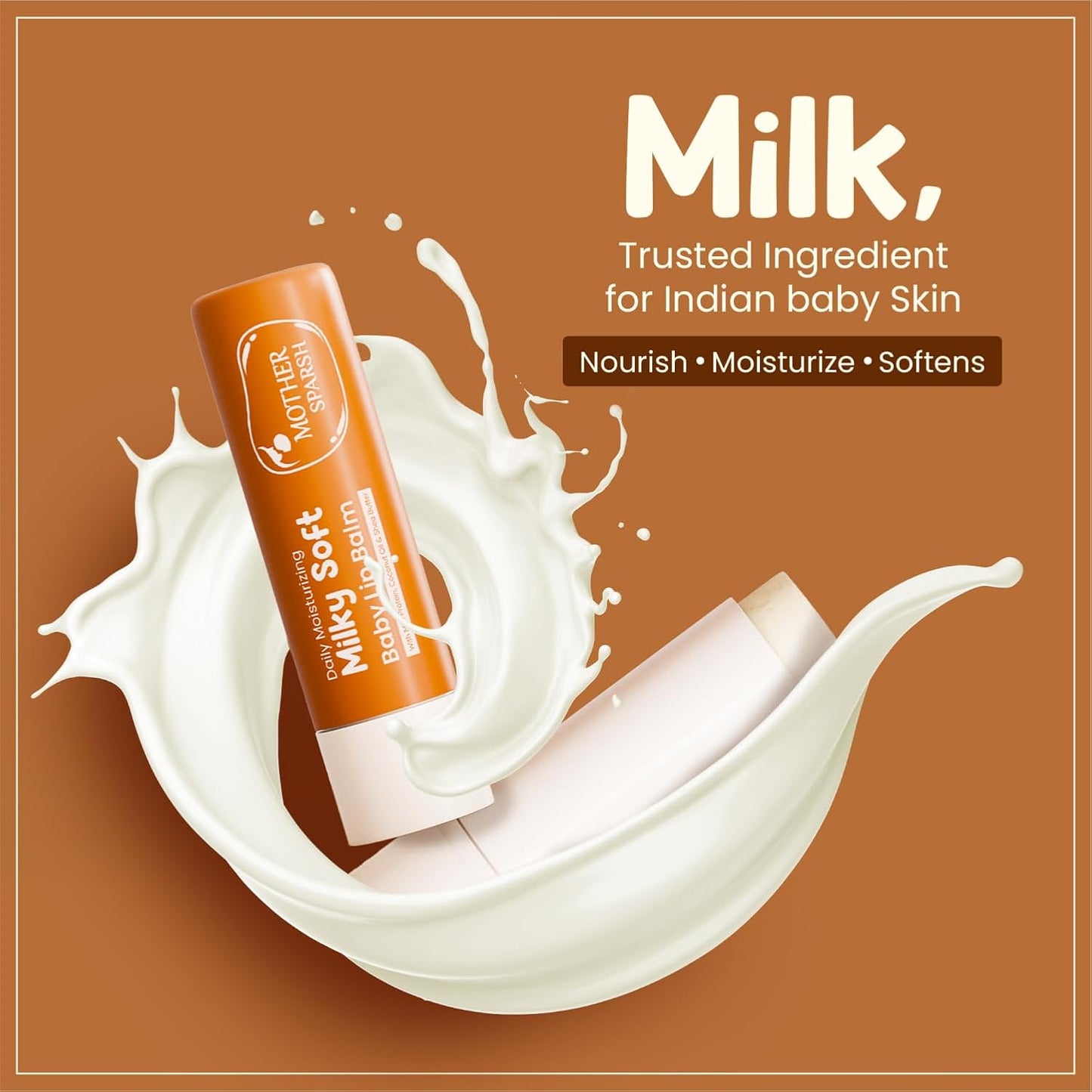 Mother Sparsh Milky Soft Baby Lip Balm For Nourishing Dry Chapped Lips|With Milk Protein,Coconut Oil & Shea Butter|Non-Sticky Lip Balm For Babies-4Gm,Brown