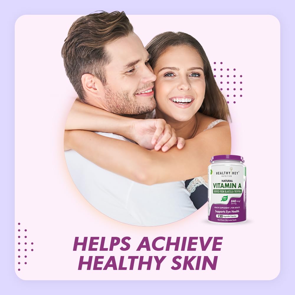 Couple embracing with a bottle of Healthy Helper Vitamin A supplement on a light purple background