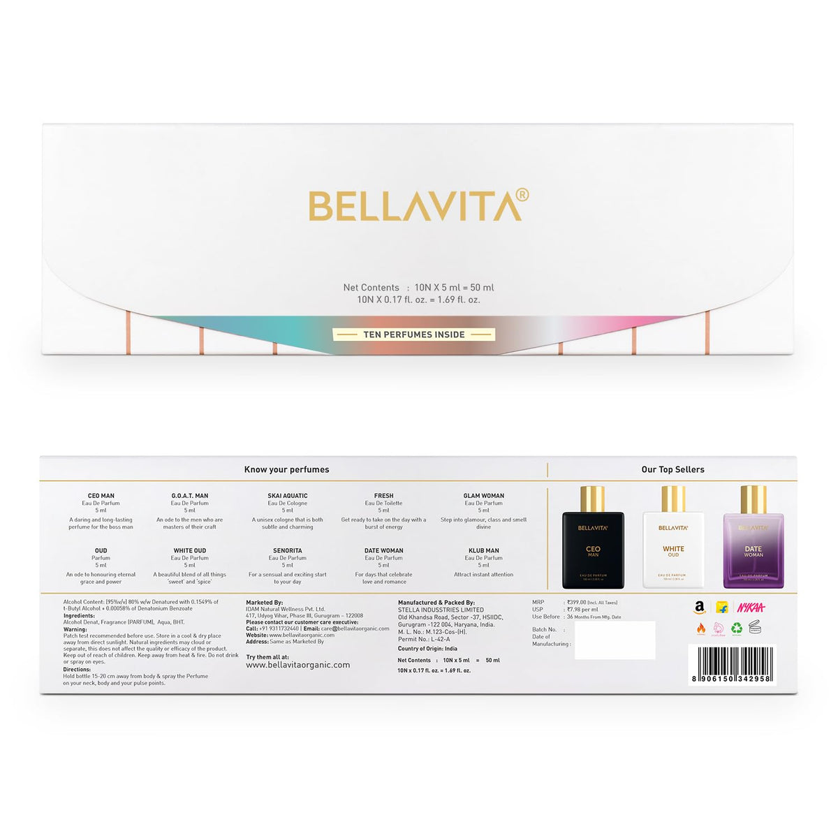 Bellavita perfume set packaging with product details on a white background