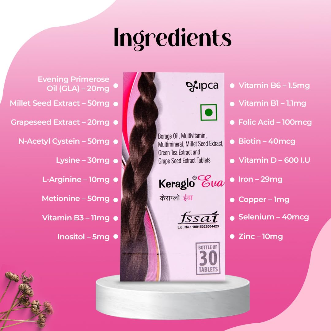 IPCA Keraglo Eva Hair Growth Tablets for Women 30 Tabs | DHT Inhibitors, Amino Acids, Vitamins, Minerals & Antioxidants | Nourishes Scalp, Supports Hair Follicles & Strengthens Hair | Hair Supplement