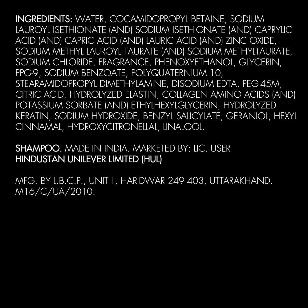 List of shampoo ingredients with brand information on a white background