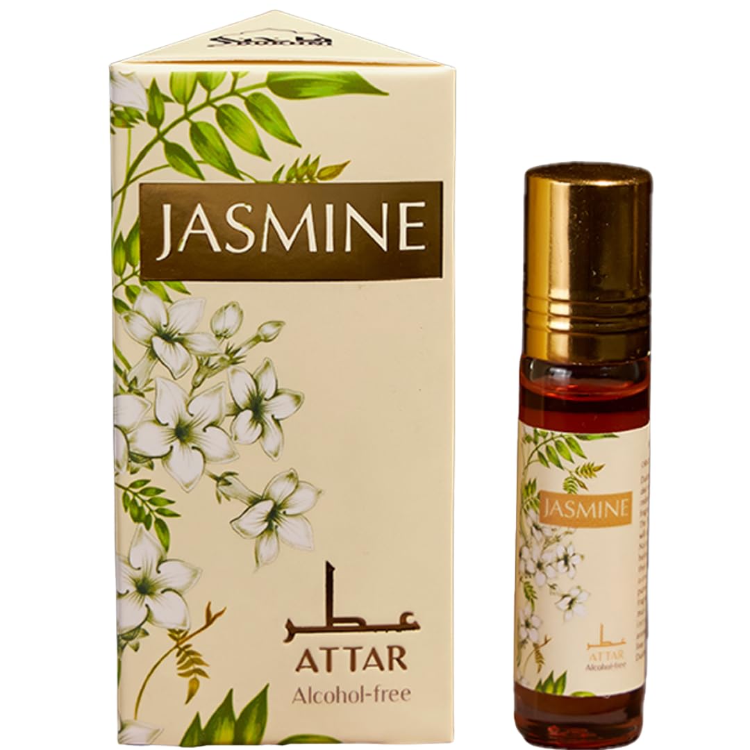 Jasmine Attar bottle and packaging with floral design on a white background