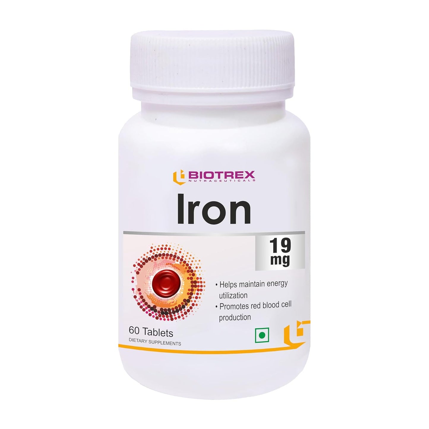 Biotrex Nutraceuticals Iron 19mg (As Ferrous fumarate) | Boosts immunity, Supports energy, Brain function & Muscle function | For Both Men & Women - 60 Tablets