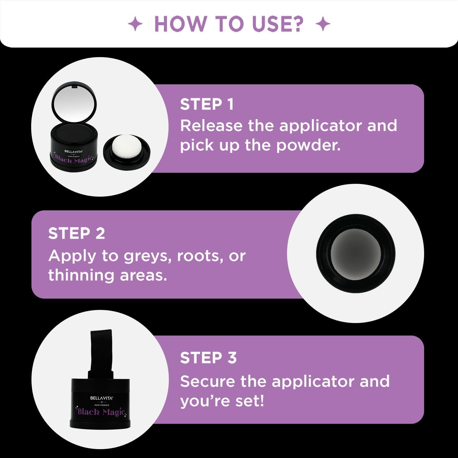 Instructions on how to use a hair powder product with step-by-step guidance.