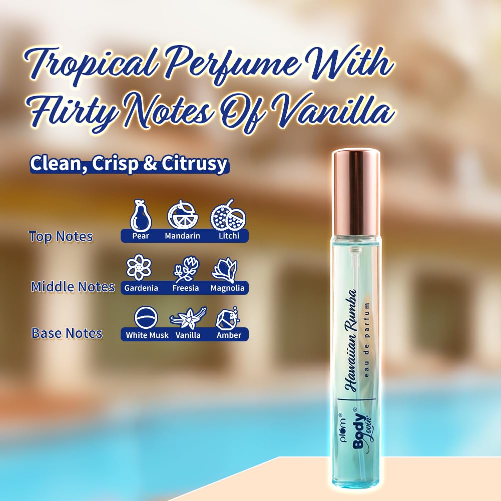 Plum BodyLovin' Hawaiian Rumba Eau De Perfum (Parfum) | Long Lasting & Premium Beachy Fragrance | Luxury Perfume for Women | Mandarin, Gardenia & Vanilla Notes | Travel Friendly | High On Fun - 15ml