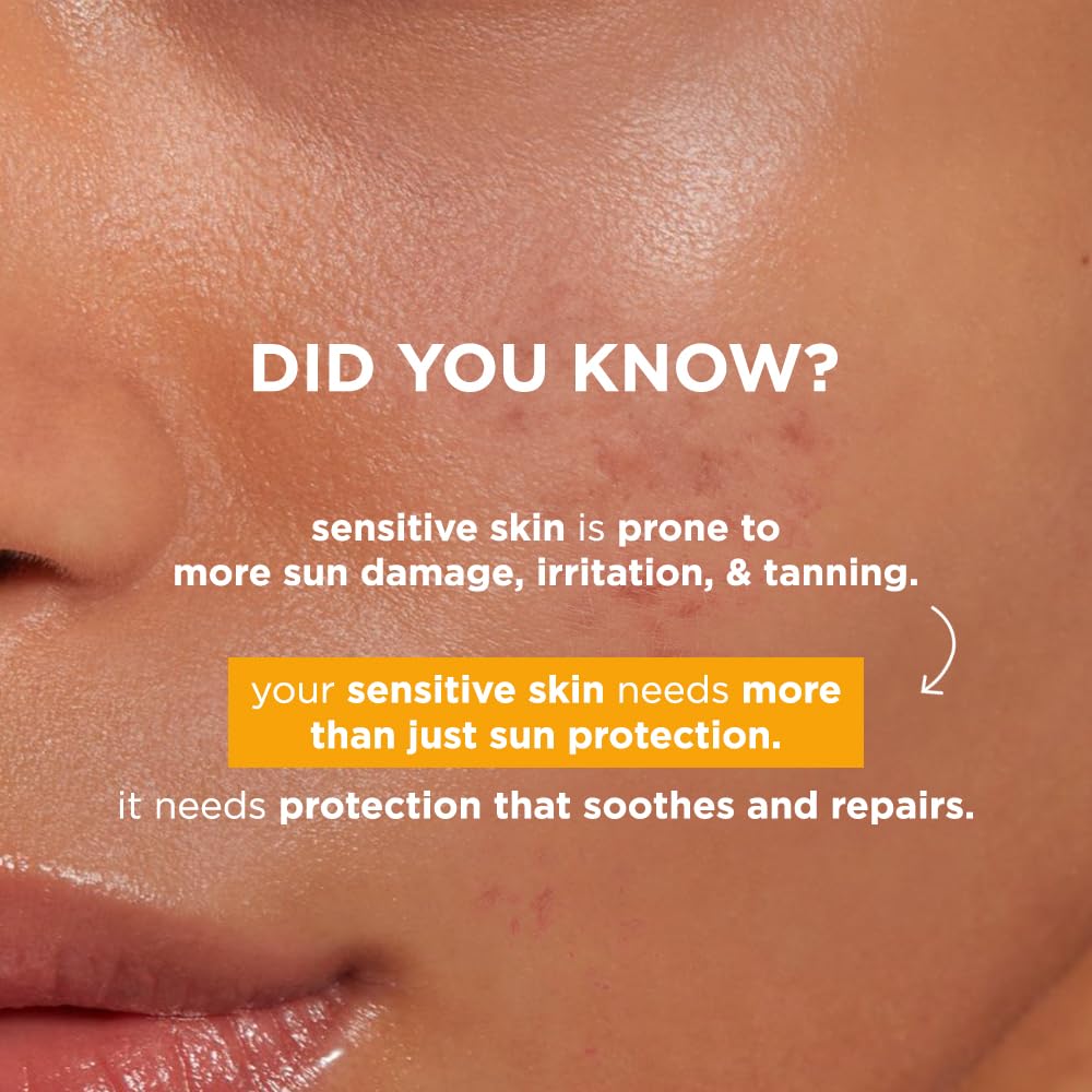 Close-up of skin with text about sensitive skin and sun protection.