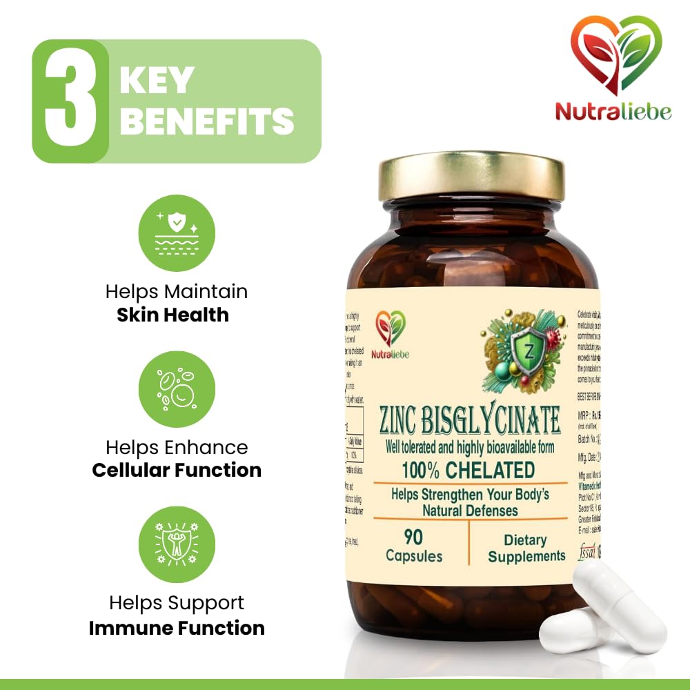 Nutraliebe Zinc Bisglycinate – High Absorption Zinc for Immune Support, Skin Health, and Cellular Function – 90 Capsules