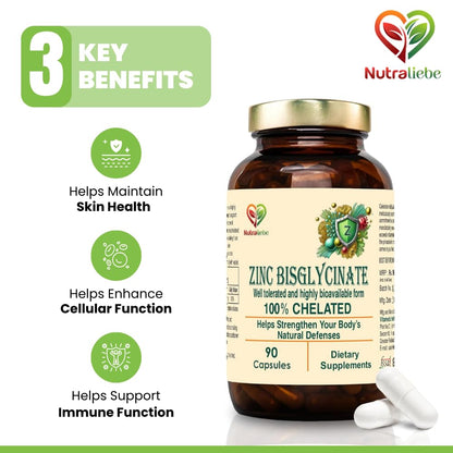 Nutraliebe Zinc Bisglycinate – High Absorption Zinc for Immune Support, Skin Health, and Cellular Function – 90 Capsules