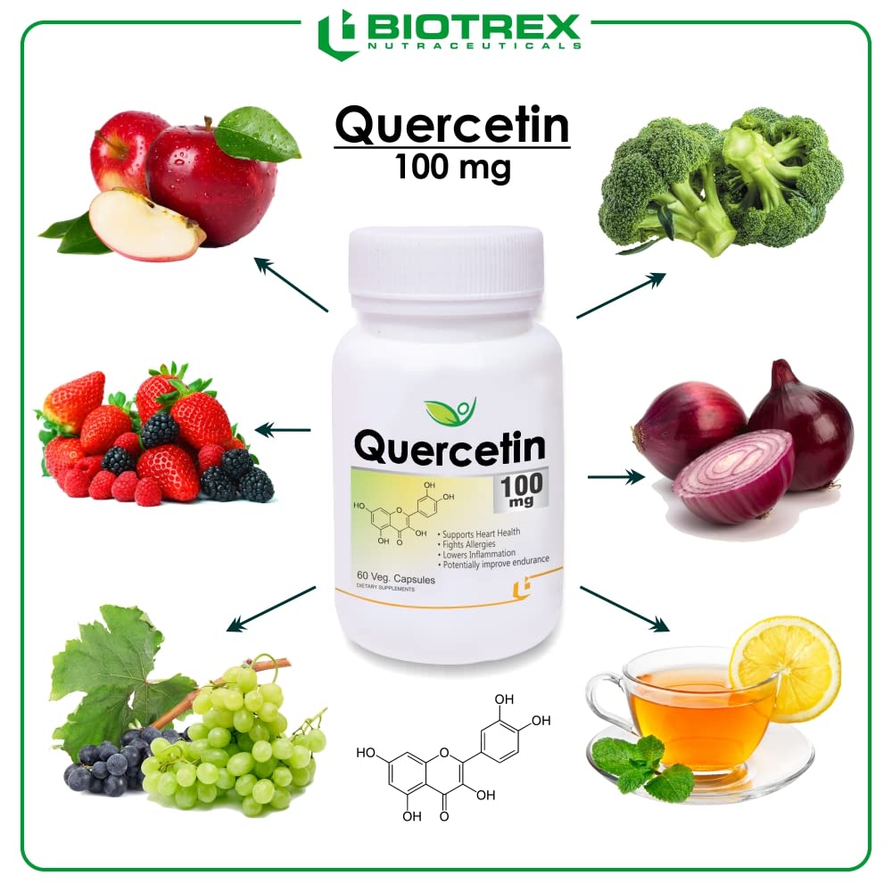 Biotrex Nutraceuticals Quercetin 100mg | Supports Energy, Brain & Heart Health | Antioxidant | Cardiovascular & Respiratory Health – 60 Veg Capsules