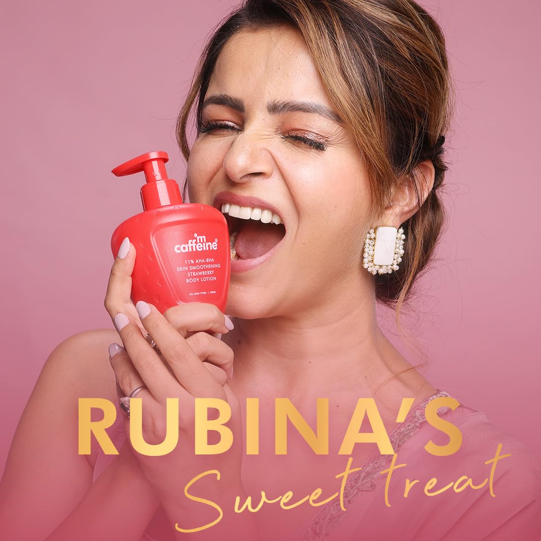 Woman holding a red bottle with 'RUBINA'S Sweet Treat' text on a pink background