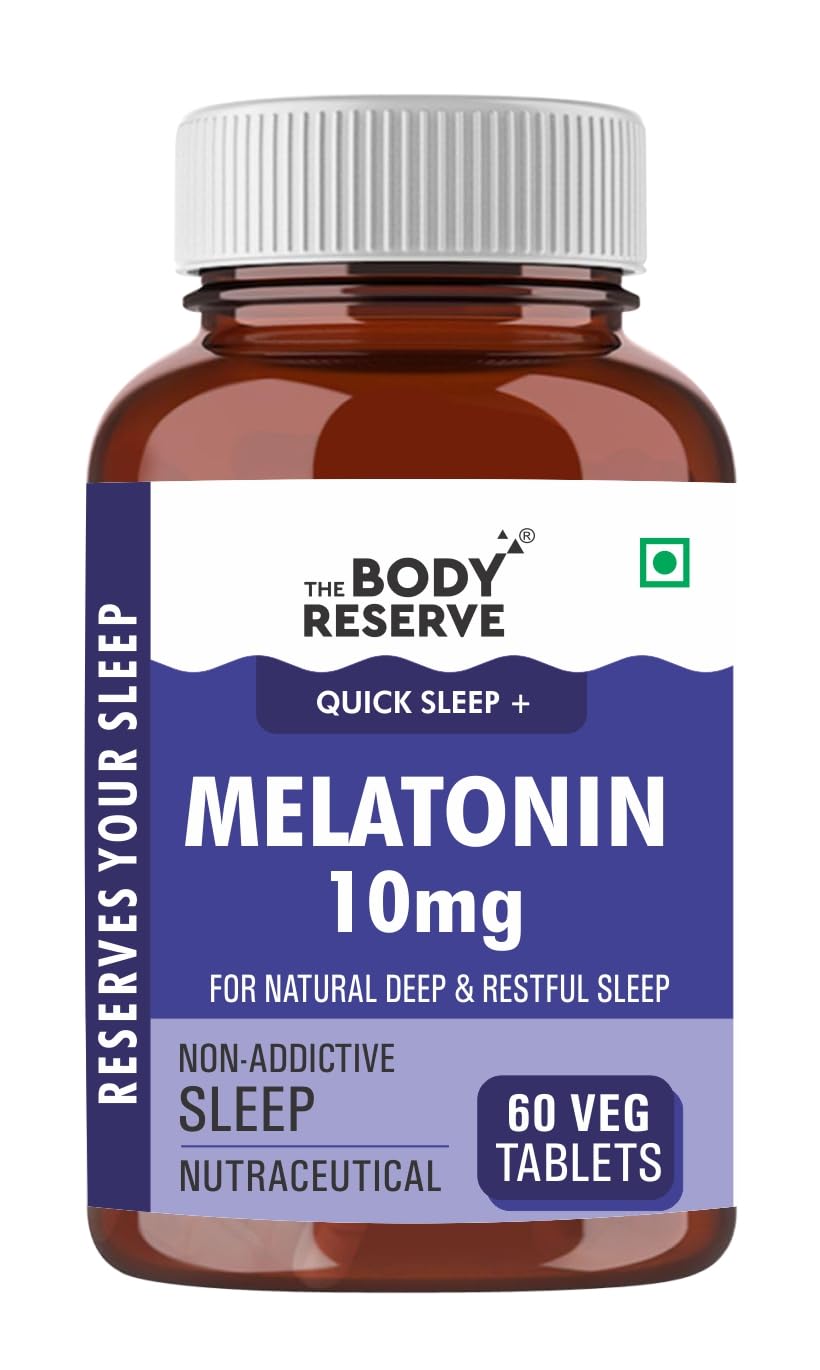 Bottle of The Body Reserve Melatonin 10mg supplement on a white background
