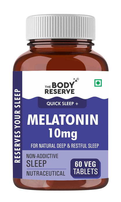 Bottle of The Body Reserve Melatonin 10mg supplement on a white background