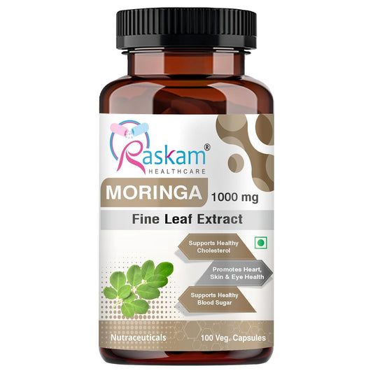 Bottle of Raskam Moringa Fine Leaf Extract on a white background