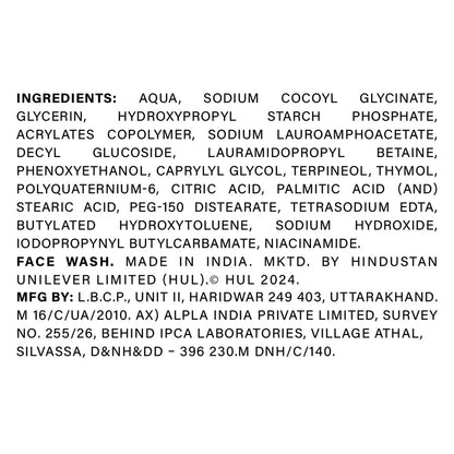 List of ingredients for a face wash on a white background