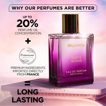 Purple perfume bottle with text highlighting features on a pink background