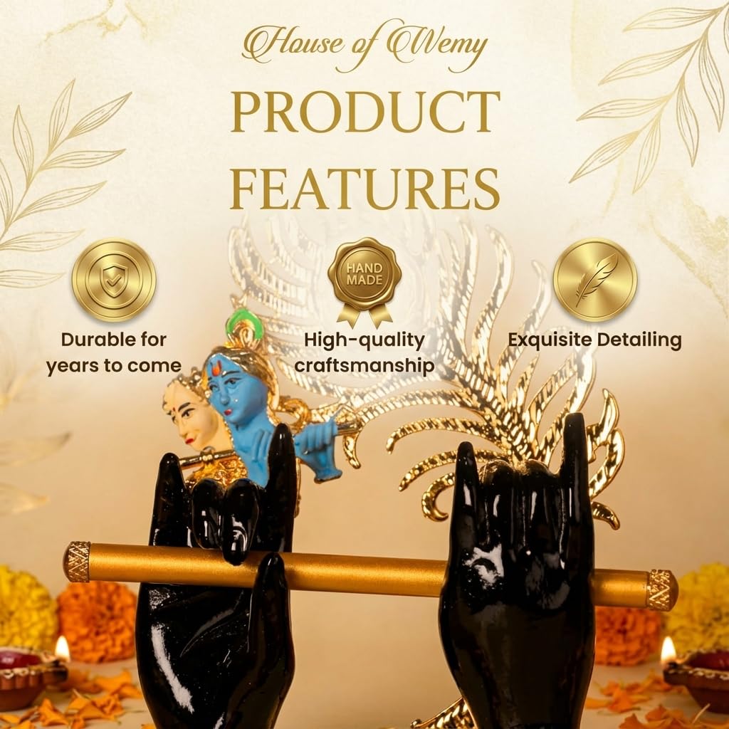 Gold Plated Lord Krishna Hands Idol with Face, Flute & Peacock Feather for Car Dashboard | Statue for House Warming Gifting | Decorative Items for Home & Office (Black - 4.5 inch)