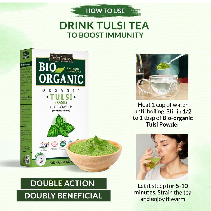 Bio Organic Tulsi tea packaging with instructions on how to use it to boost immunity.
