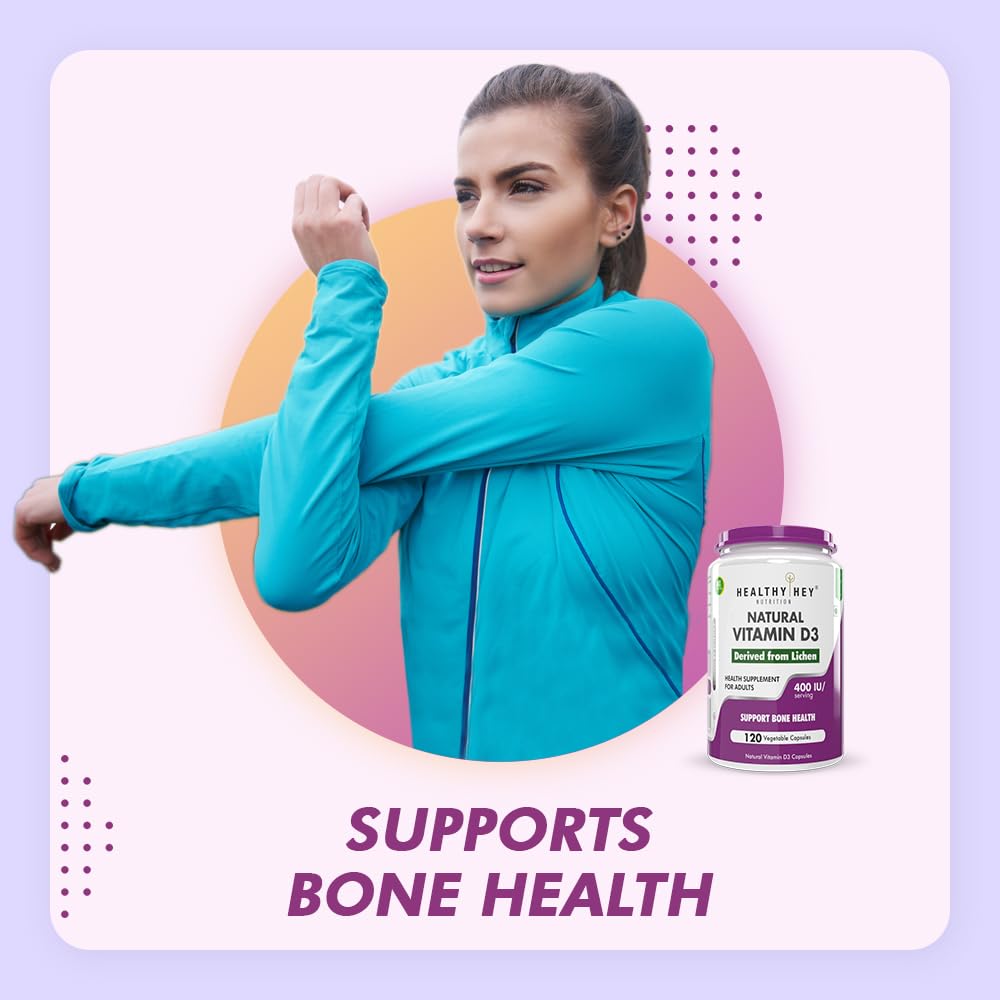 Woman in athletic wear with a bottle of Healthy Net Natural Vitamin D3 on a colorful background