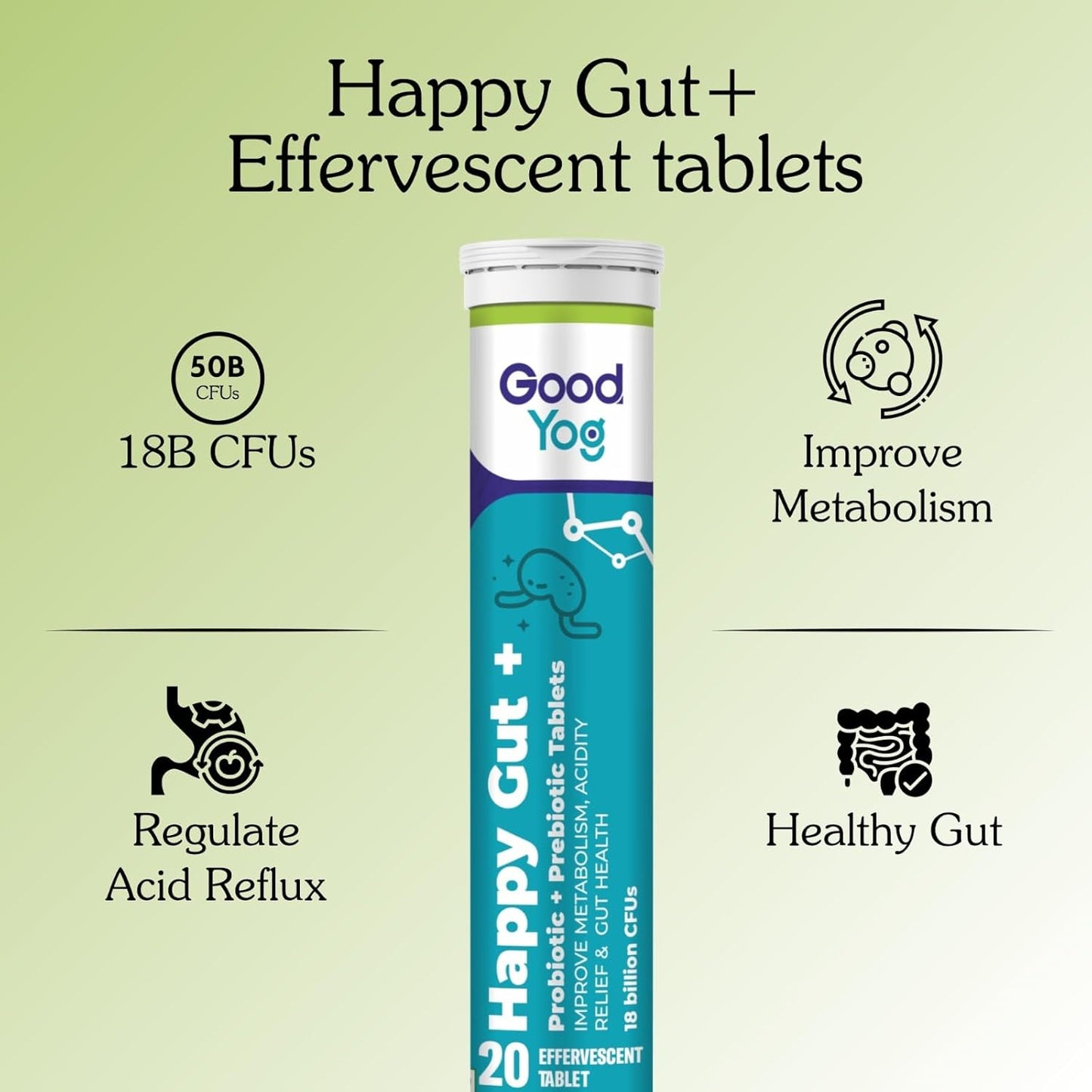 GoodYog Probiotics + Prebiotics Effervescent Tablets with No Added Sugar | For Acidity Relief, Gut Helath & Improved Metabolism | 18 Billion CFU Soy Free, Gluten Free Supplement for Men & Women - 20 Tablets