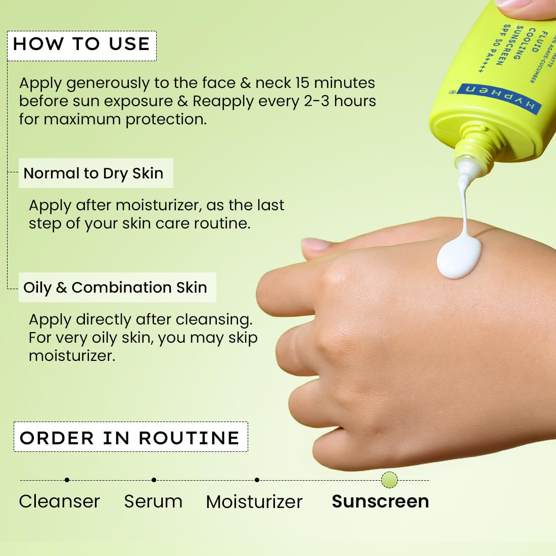 Sunscreen application guide with a hand holding a tube of sunscreen and text on how to use it.