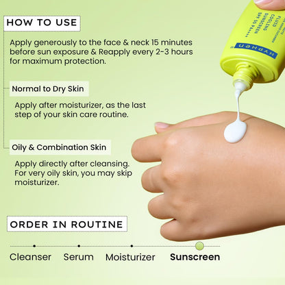 Sunscreen application guide with a hand holding a tube of sunscreen and text on how to use it.