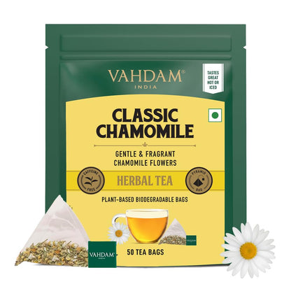 VAHDAM, Chamomile Infusion Bags (50 Count) | Caffeine Free, Non-GMO | Botanical Tisane – Sweet & Floral | Resealable Ziplock Pouch