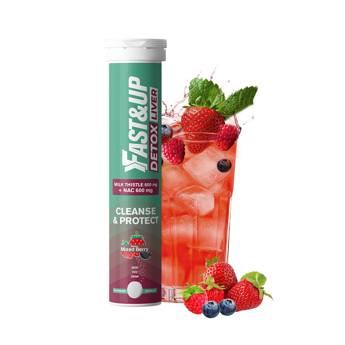 Fast&Up Detox Liver supplement with a glass of berry juice and fresh berries on a white background