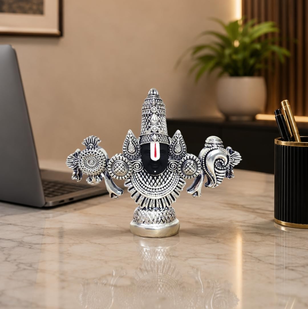 Gold Art India Lord Venkateswara Balaji Idol | Silver-Plated Antique Matte Finish | 3.5 x 4.2 inch | Tirupati Balaji Statue for Home Mandir, Office & Gift Purpose