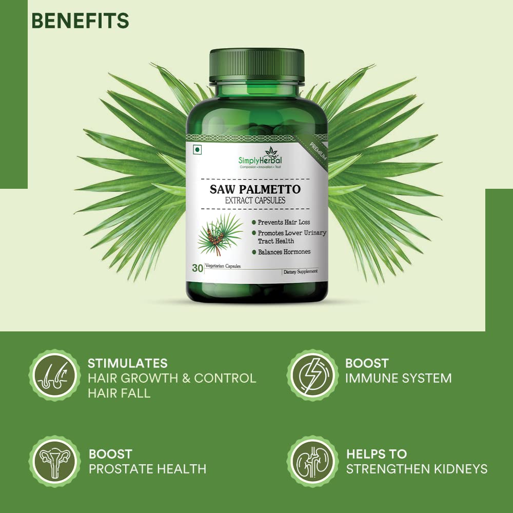 Simply Herbal Saw Palmetto Extract 1000mg – 30 Veg Capsules | Herbal Supplement for Prostate Health & Hair Wellness | For Men & Women